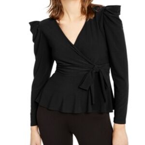 Inc International Concepts Puff-Shoulder, Faux-Wrap Top, Black, Small
